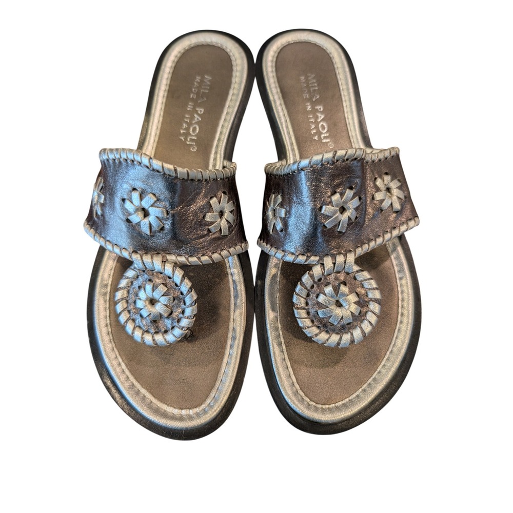Mila Paoli Italy Womens Metallic Silver Leather Whipstitch Thong Sandals Size 7